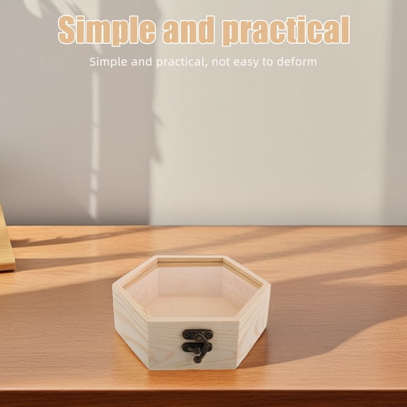 SEWCHICS Pine Wood Hexagonal Decorative Storage Box with Hinged Glass Lid