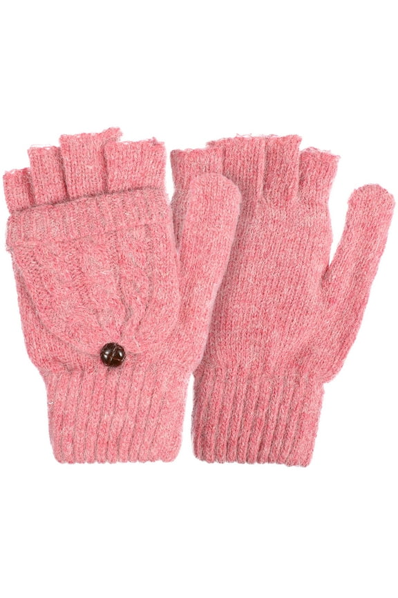 Womens Mittens with Finger Flaps Pink Wool for Cold Winter 1Pair