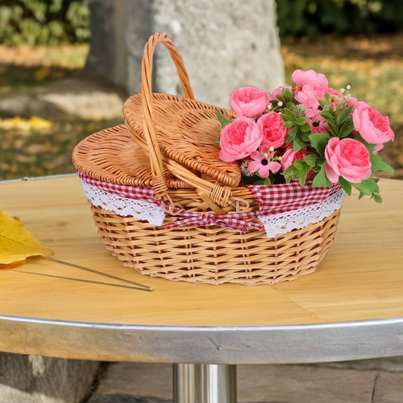 SEWCHICS Portable Red Wicker Picnic Basket with Removable Washable Lace Liner