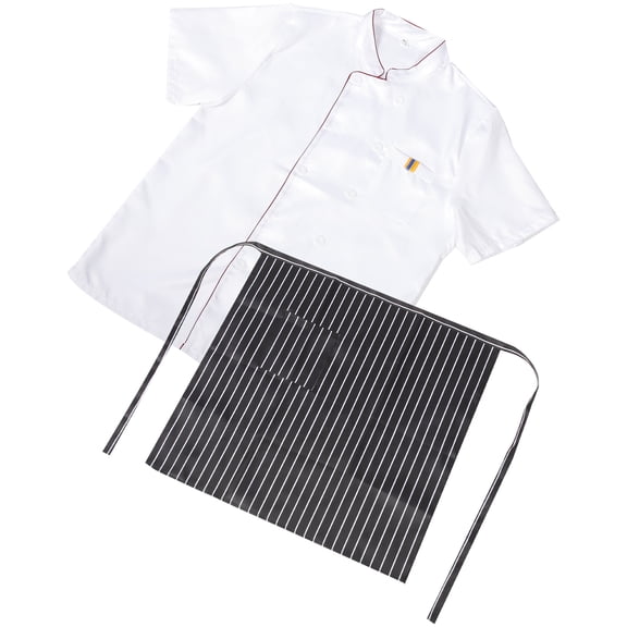 SEWOART 1Set Proof White Chef Jacket Short Sleeve with Pocket and Kitchen Apron Set