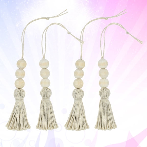 SEWOART Beige Wood Beads with Tassel Pendant Boho Style Closet Decoration Accessory Set of 4 Pieces