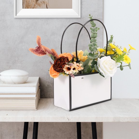 SEWOART 6Pcs White Paper Flower Packaging Bags with Handle Multipurpose Reusable Flat Base