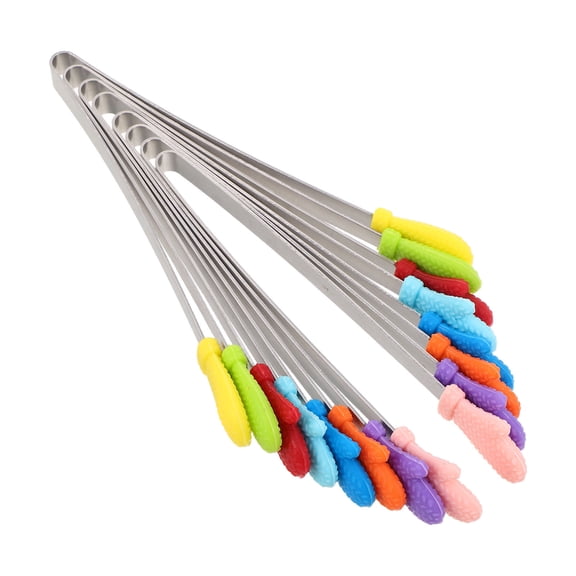 SEWOART 8Pcs Small Silicone Tipped Stainless Steel Cooking Tongs for Salad Appetizers and Bbq