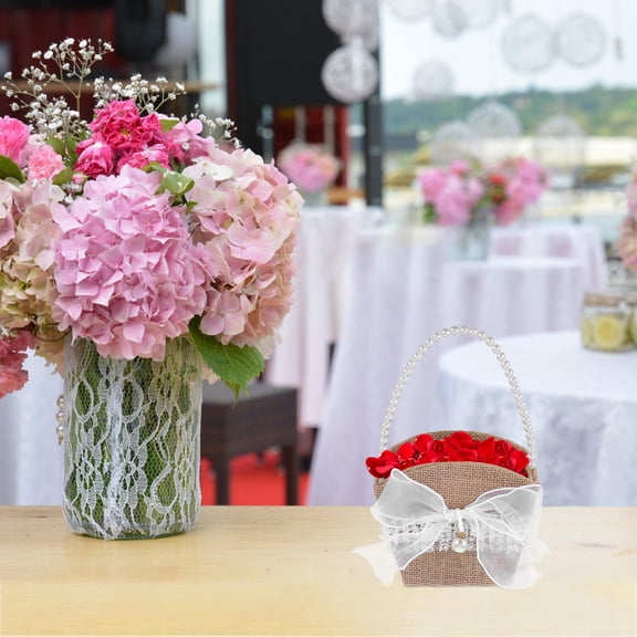 SEWOART Light Brown Flower Basket for Wedding with Handwoven Linen and Romantic Bowknot