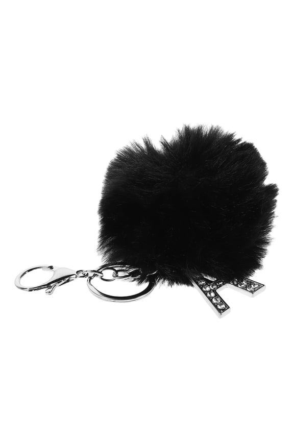 Fashionable Rhinestone Letter Keychain with Black Plush Pom Pom Pendant