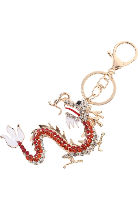 Chinese Zodiac Red Dragon Keychain Rhinestone Inlaid Metal Key Hanging Ornament