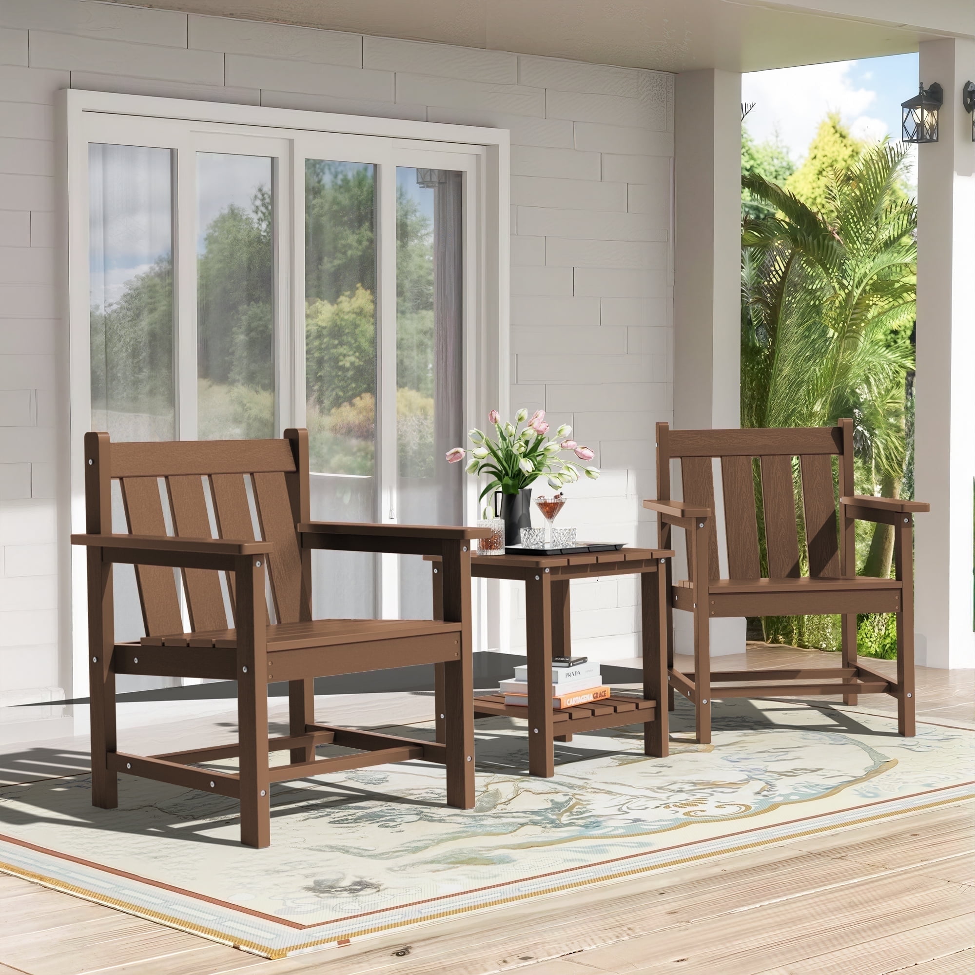 SERWALL 3 Piece Patio Furniture Set,HDPE Outdoor Bistro Set with Coffee Table and Chair for the Patio,Brown