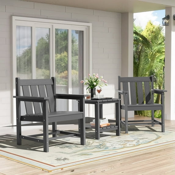 SERWALL 3 Piece Patio Furniture Set,HDPE Outdoor Bistro Set with Coffee Table and Chair for the Patio,Gray