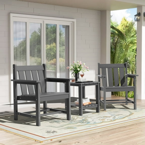 SERWALL 3 Piece Patio Furniture Set,HDPE Outdoor Bistro Set with Coffee Table and Chair for the Patio,Gray