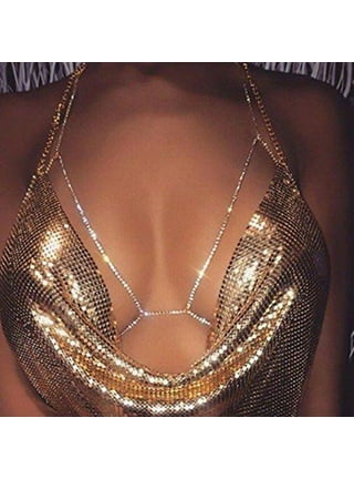 harmtty Women Sexy Rhinestone Inlaid Multi Layer Bra Crop Top Body Chest  Chain Jewelry,Golden 