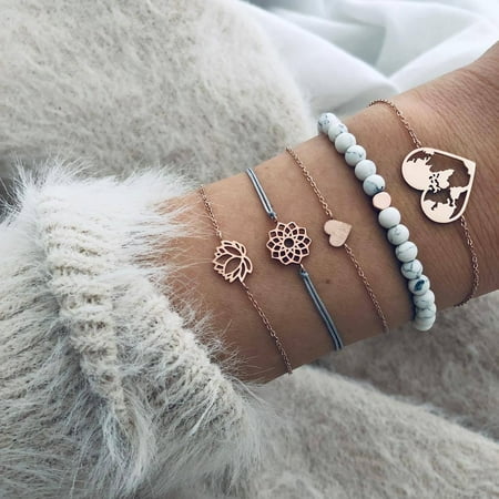 SEXY SPARKLES Stackable Bracelets Multilayer Boho Bracelet Sets Beads Metal Chain Rope Adjustable Bracelets for Women Elastic Rope Charm Bangle Bracelet Best Women Teen Gift