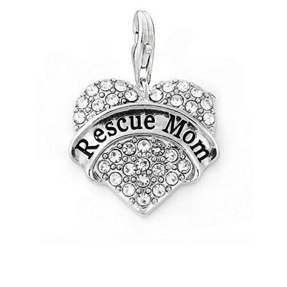SEXY SPARKLES "Rescue Mom " Heart Charm W/Clear Rhinestones Dog Lovers Clip on Lobster Claw Clasp Charm for Bracelet and Necklace