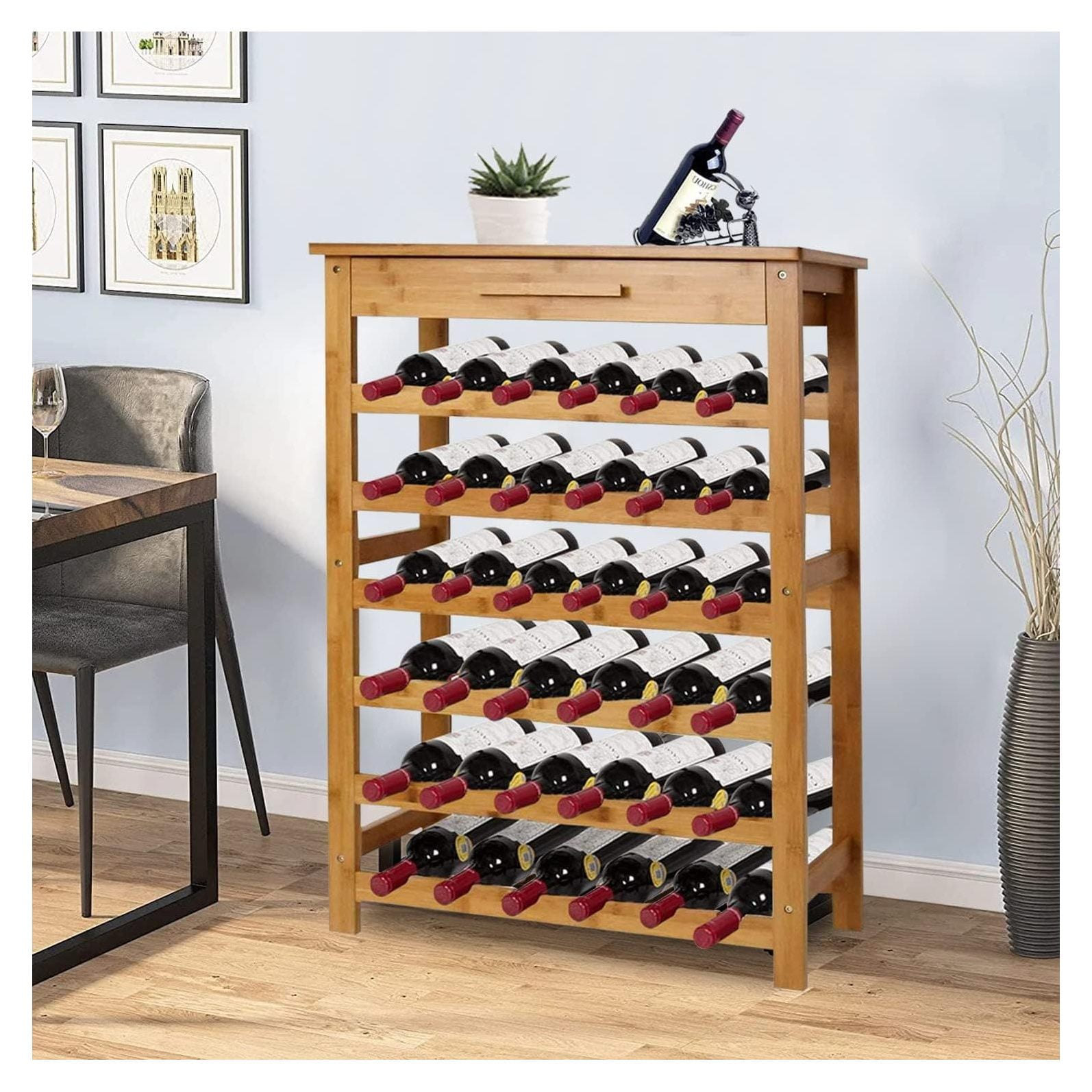 SEYATPOOL 36 Bottle Wine Rack Freestanding Floor with Drawer Bamboo