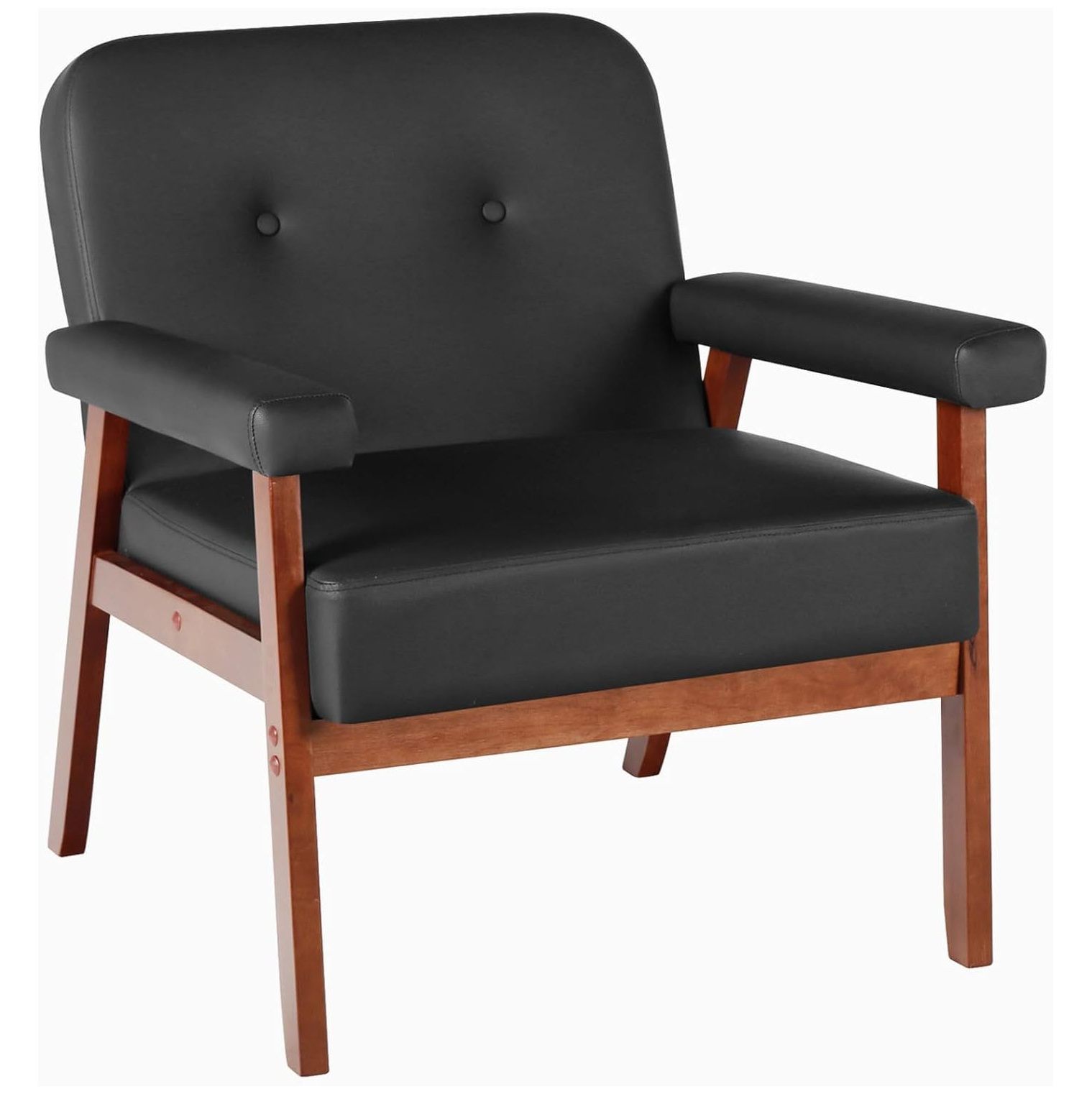 SEYATPOOL Century Faux Leather Black Accent Chair with Wood Arms, Small