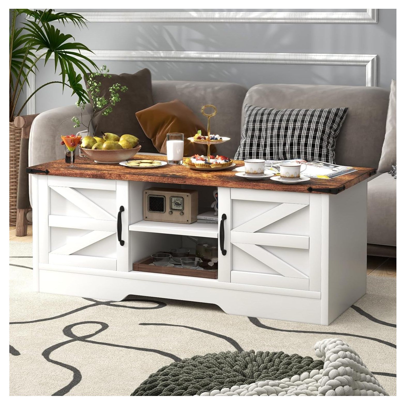SEYATPOOL Coffee Table with Barn Doors, Farmhouse Center Table with