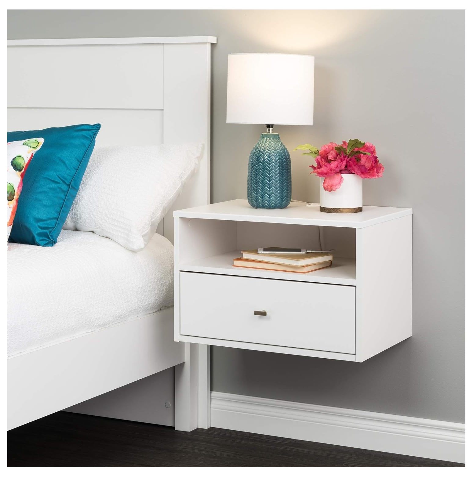 SEYATPOOL Floating Shelf Side Table with Drawer and Brushed Brass Knobs