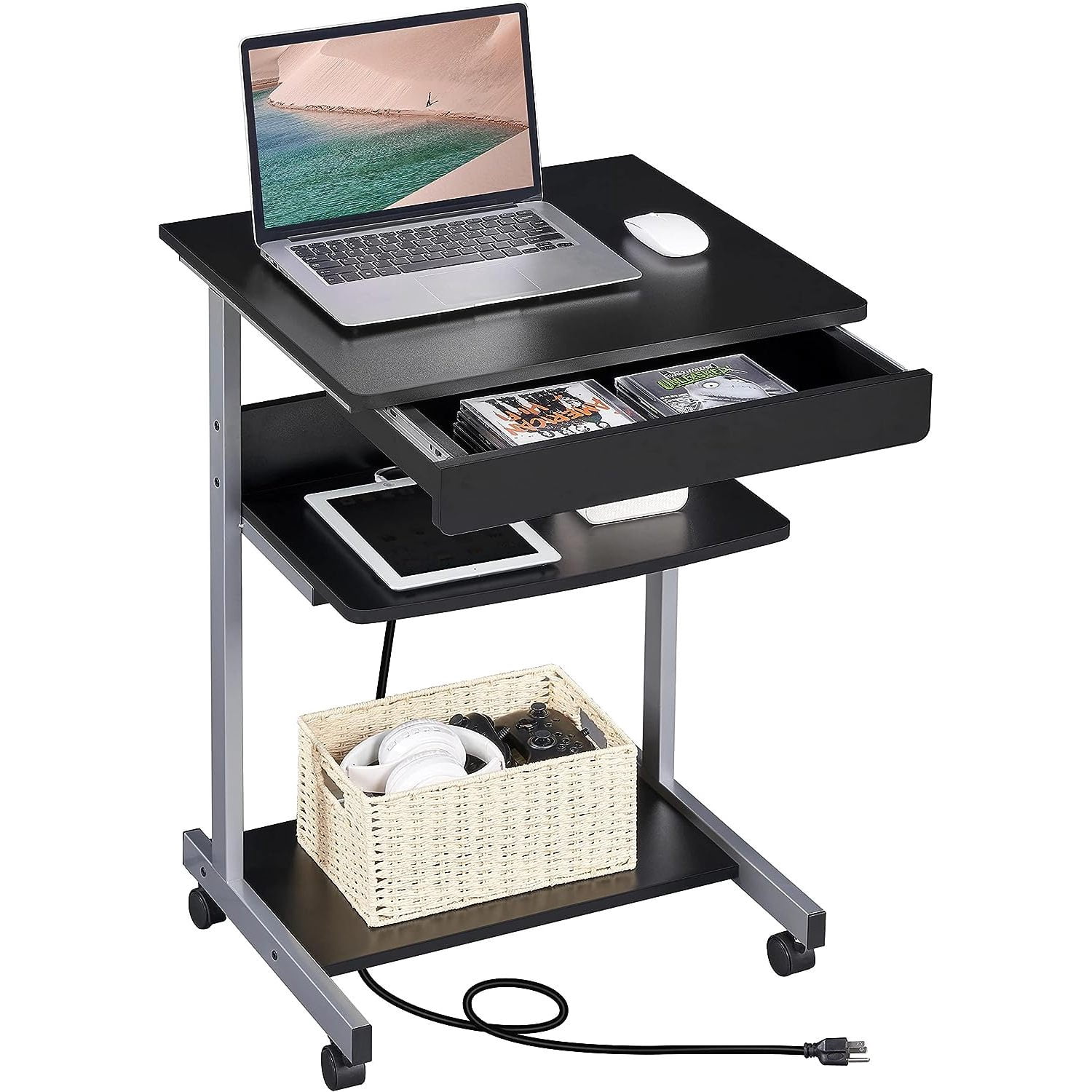 Yaheetech 22" Mobile Laptop Desk With Power Outlet – Rolling Workstation With USB Ports, Locking Wheels, Black