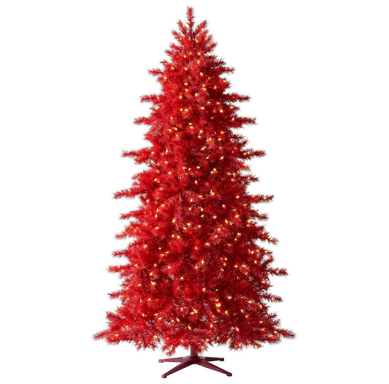 SEYATPOOL Premium Narrow Red Artificial Christmas Tree Red Red Pine 8 Ft Prelit with 750