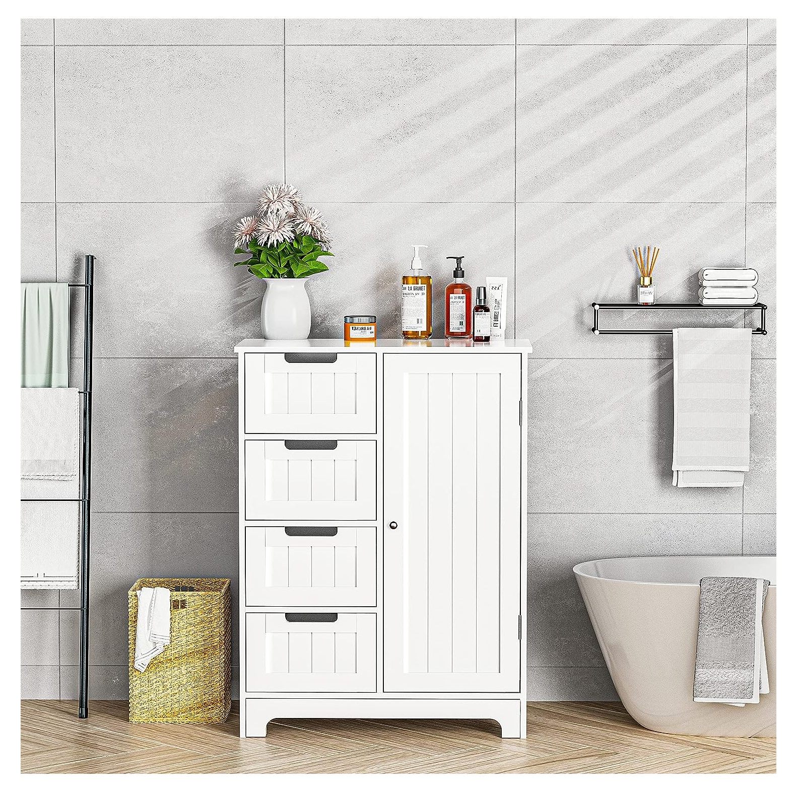 SEYATPOOL Wooden Bathroom Floor Side Storage Organizer with 4 Drawers and 1