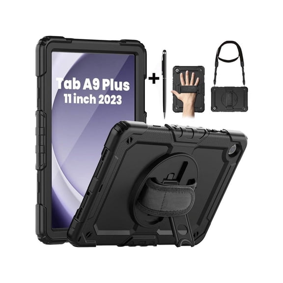 SEYMAC Samsung 11" Heavy Duty Tablet Case with Rotating Stand, Hand Strap, Black