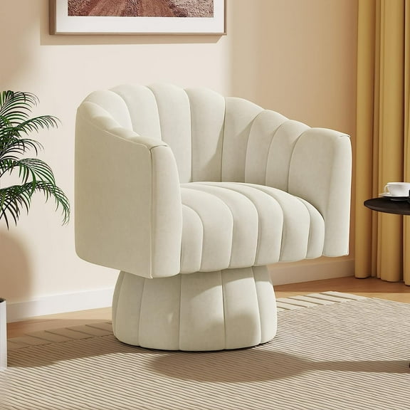 SEYNAR 360 Degree Swivel Velvet  Accent Chair,Upholstered Round Barrel Glam Armchairs with Wide Upholstered, Vanity Chair for Living Room(Beige)