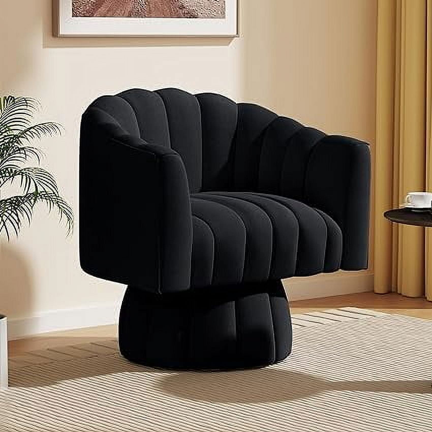 SEYNAR 360 Degree Swivel Velvet  Accent Chair,Upholstered Round Barrel Glam Armchairs with Wide Upholstered, Vanity Chair for Living Room(Black)