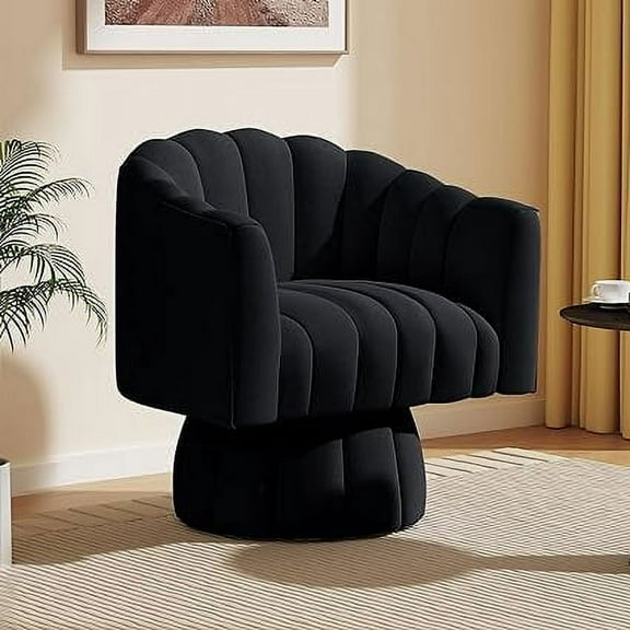 SEYNAR 360 Degree Swivel Velvet Accent Chair,Upholstered Round Barrel Glam Armchairs with Wide Upholstered, Vanity Chair for Living Room(Black)
