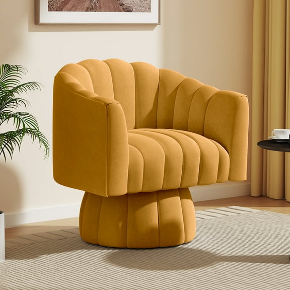 SEYNAR 360 Degree Swivel Velvet Accent Chair,Upholstered Round Barrel Glam Armchairs with Wide Upholstered, Vanity Chair for Living Room(Mustard)