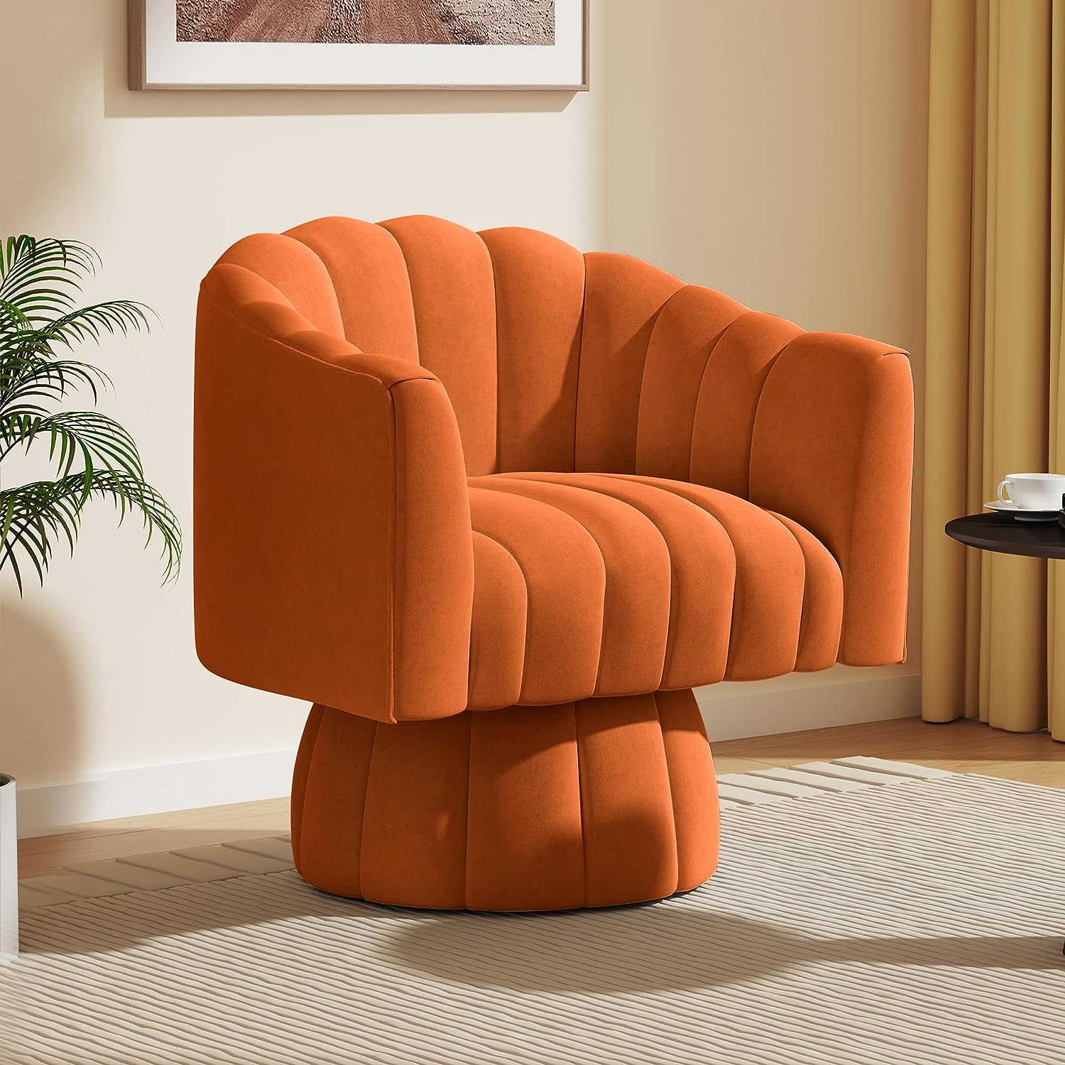 Bonzy Home Swivel Barrel Chair with Plump Pillow, Modern Channel Velvet