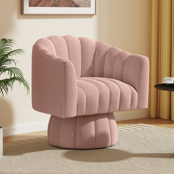 SEYNAR 360 Degree Swivel Velvet Accent Chair,Upholstered Round Barrel Glam Armchairs with Wide Upholstered, Vanity Chair for Living Room(Pink)