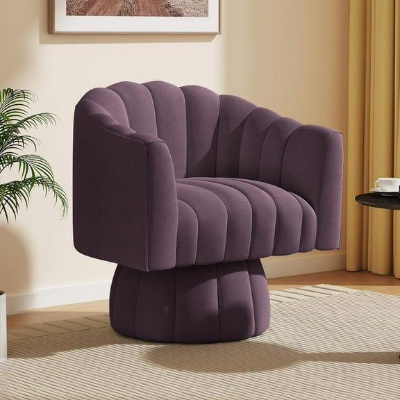 SEYNAR 360 Degree Swivel Velvet  Accent Chair,Upholstered Round Barrel Glam Armchairs with Wide Upholstered, Vanity Chair for Living Room(Purple)