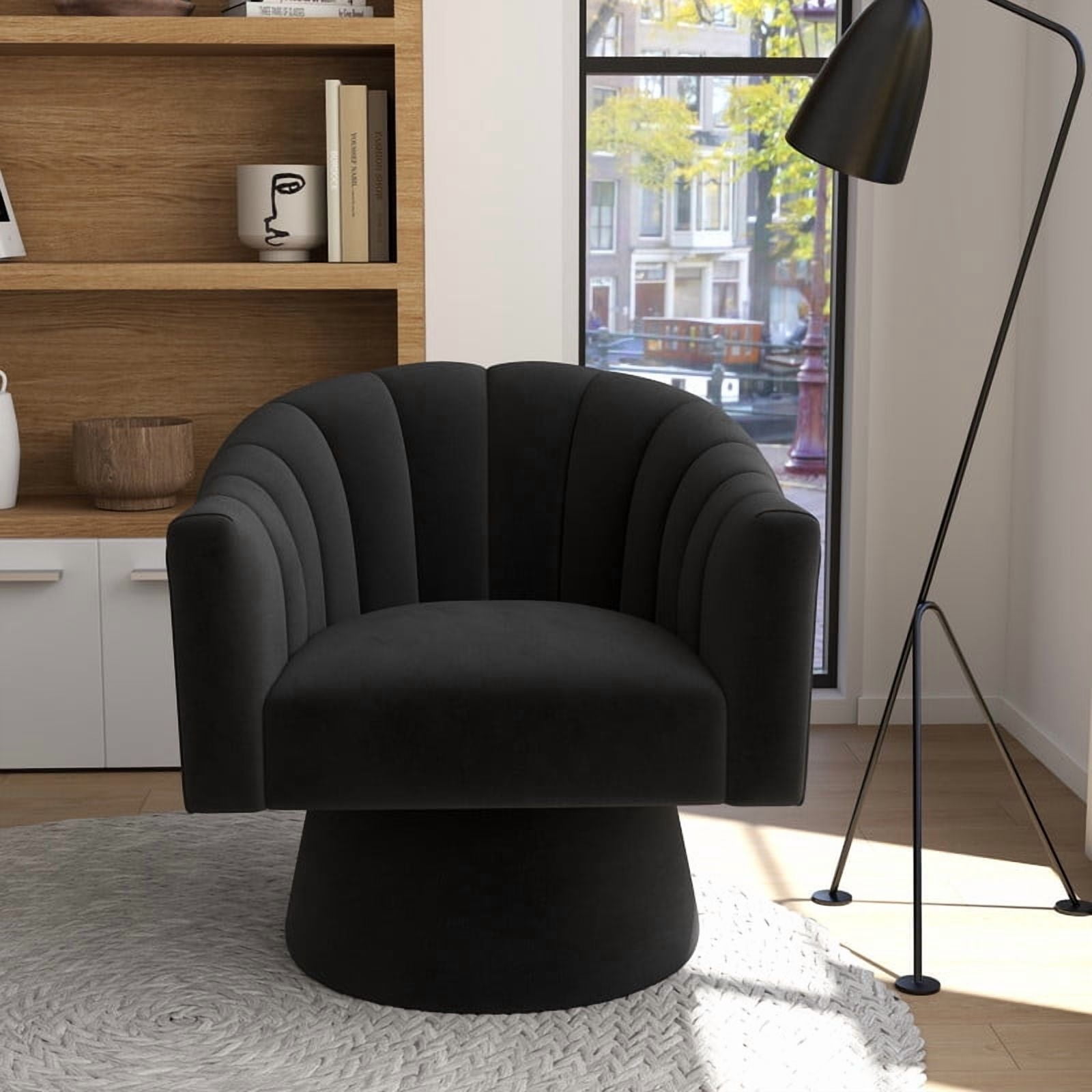 SEYNAR 360° Upholstered Swivel Accent Chair, Velvet Fluffy Lounge Sofa Chair for Living Room(Black)