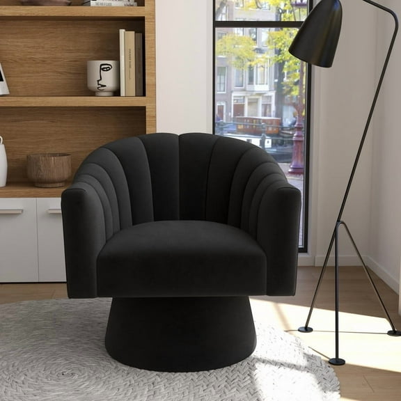 SEYNAR 360° Upholstered Swivel Accent Chair, Velvet Fluffy Lounge Sofa Chair for Living Room(Black)