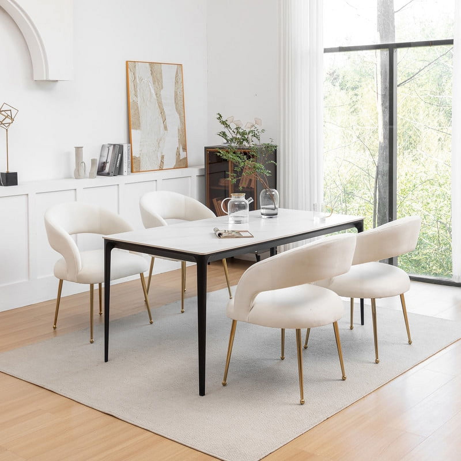 Beige Velvet Upholstered Arm Chair with Gold Metal Legs