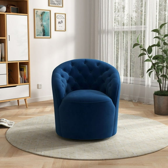 SEYNAR Modern 360 Degree Swivel Accent Chair, Velvet Upholstered Barrel Armchair with Button Tufted Back, Vanity Chair for Living Room(Navy)