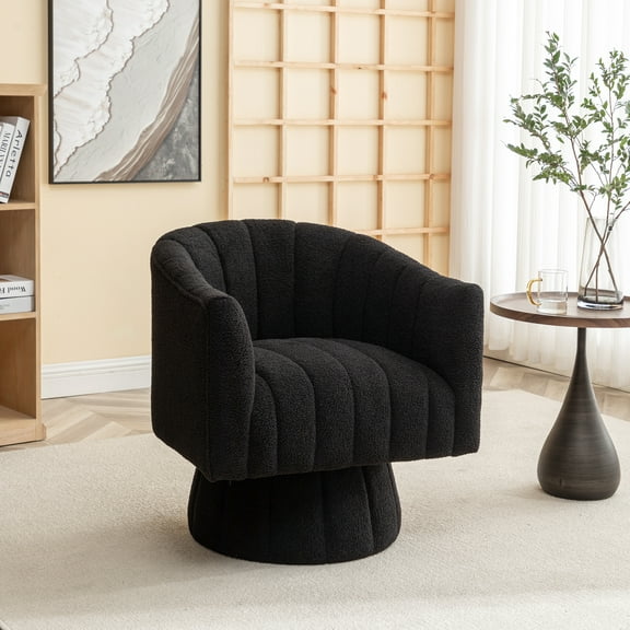 SEYNAR Modern 360 Degree Swivel Sherpa Accent Sofa，Pumpkin Shaped Upholstered Cuddle Barrel Arm Chairs for Living Room, Bedroom, Office(Black)