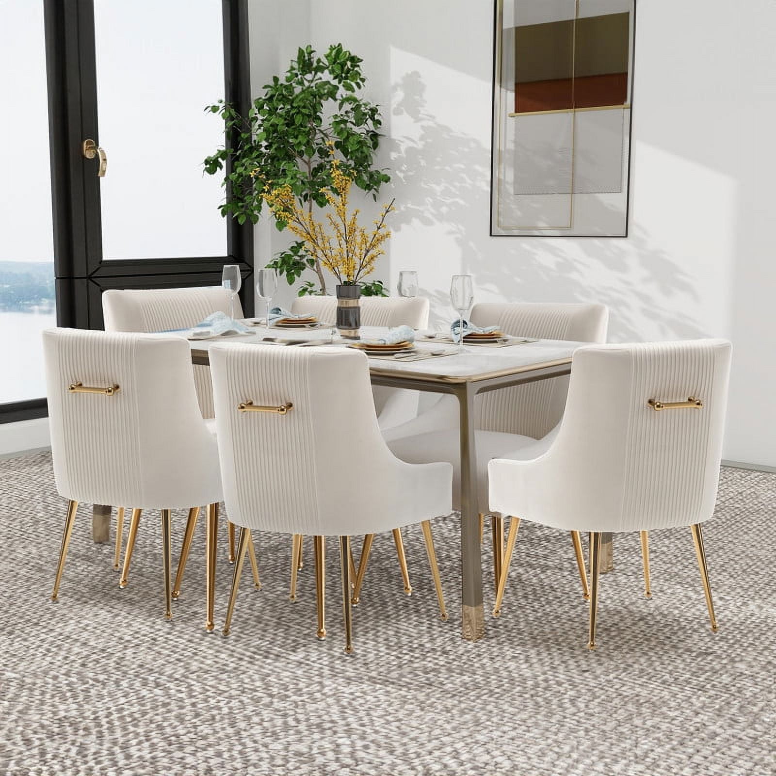 SEYNAR Modern Glam Boucle Pleated Velvet Accent Dining Chair Set of 6 for Living Room with Rear Handle Beige