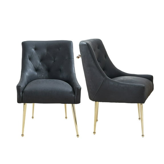 SEYNAR Modern Glam Faux Leather Dining Chairs Set of 2, Upholstered Vanity Chair with Gold Legs for Living Room Restaurant(BLACK)