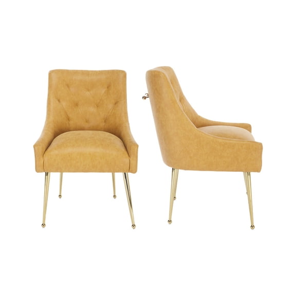 SEYNAR Modern Glam Faux Leather Dining Chairs Set of 2, Upholstered Vanity Chair with Gold Legs for Living Room Restaurant(MUSTARD)