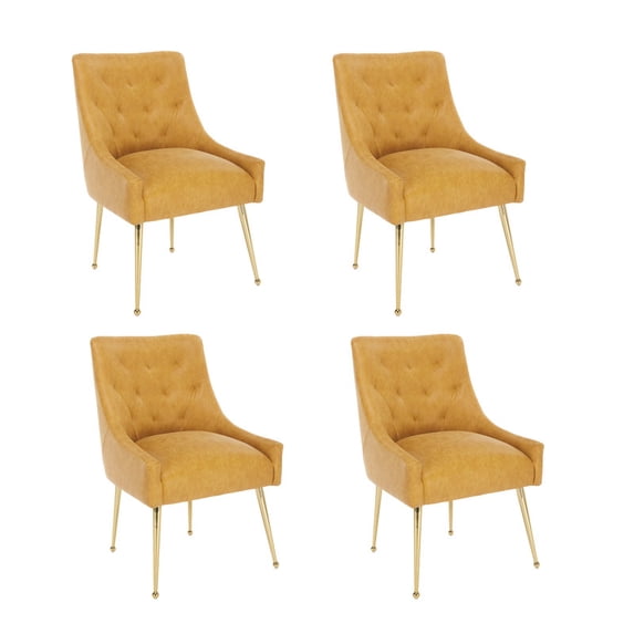 SEYNAR Modern Glam Faux Leather Dining Chairs Set of 4, Upholstered Vanity Chair with Gold Legs for Living Room Restaurant(MUSTARD)
