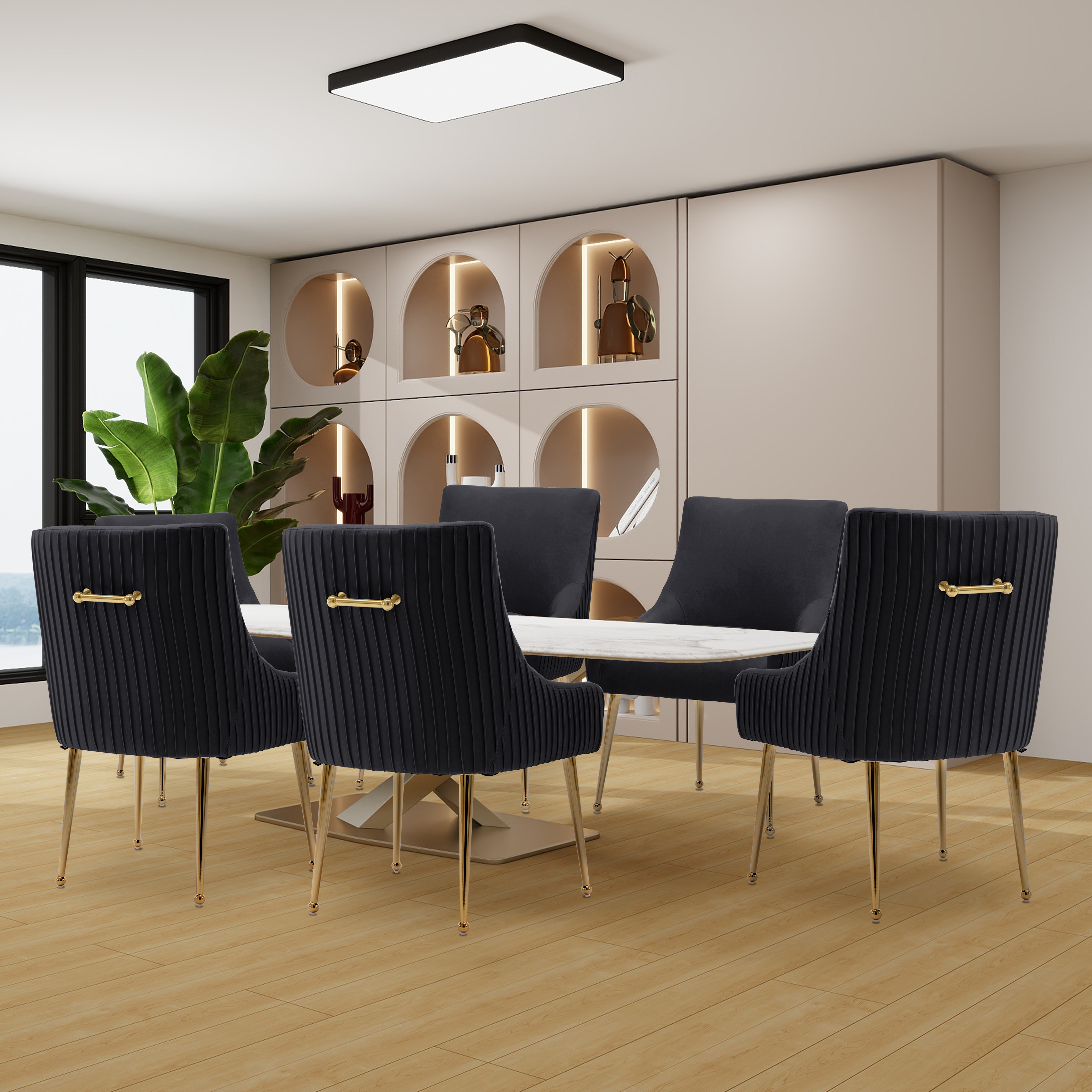 SEYNAR Modern Glam Pleated Velvet Dining Chair Set of 6, Upholstered