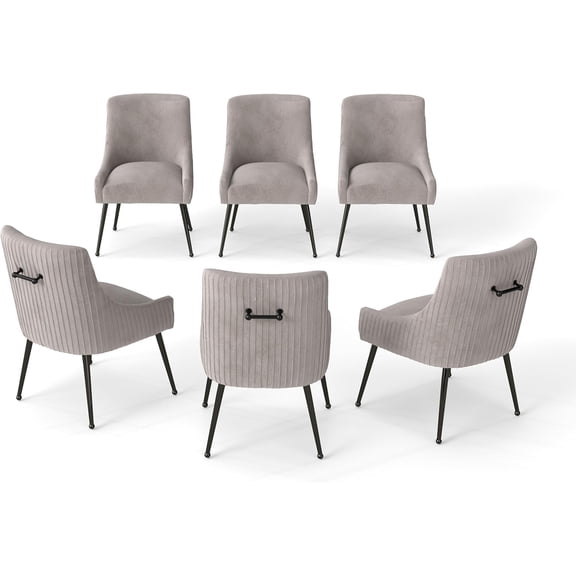 SEYNAR Modern Glam Velvet Black Metal Legs Dining Chairs or Vanity Chairs Set of 6 with Rear Handle(Grey)