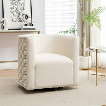 SEYNAR Modern Glam Velvet Upholstered 360 Degree Swivel Barrel Chair,Woven Accent Chair（Beige）