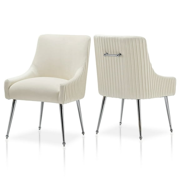 SEYNAR Modern Pleated Velvet Dining Chairs Set of 2, Tufted Upholstered Side Accent Kitchen Chair with Silver Legs for Living Room(Beige)