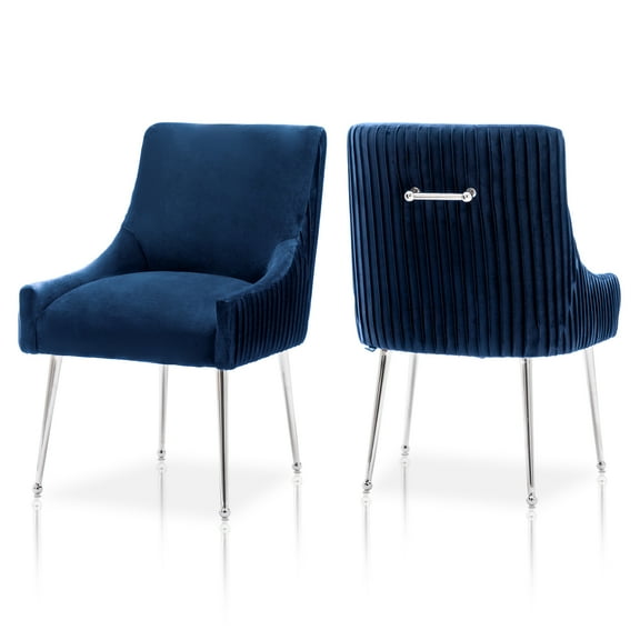 SEYNAR Modern Pleated Velvet Dining Chairs Set of 2, Tufted Upholstered Side Accent Kitchen Chair with Silver Legs for Living Room(Navy)