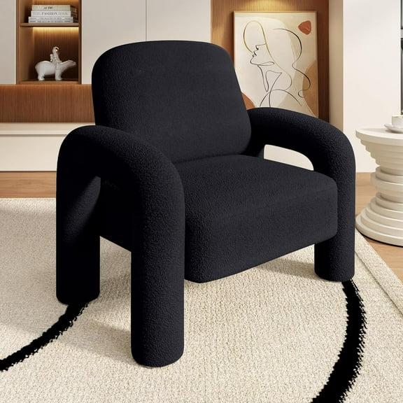 SEYNAR Modern Sherpa Accent Chair, Teddy Upholstered Armchair Single Sofa, Cozy Fluffy Reading Chair for Living Room, Bedrooms, Corner(Black)