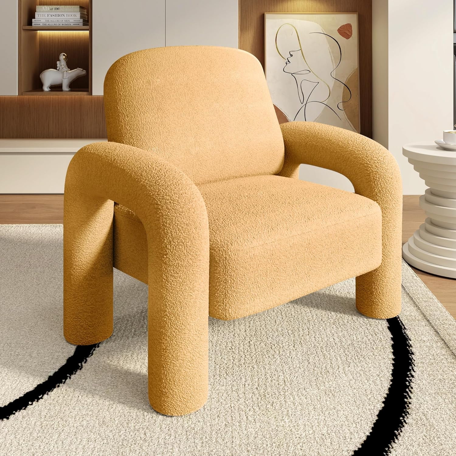 SEYNAR Modern Sherpa Accent Chair Teddy Upholstered Armchair Single Sofa Cozy Fluffy Reading Chair for Living Room Bedrooms Corner Yellow