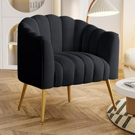 SEYNAR Oversized Glam Velvet Pumpkin Barrel Accent Chair,Modern Upholstered Cream Side Sofa Armchair for Living Room,Vanity(Black)