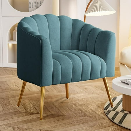 SEYNAR Oversized Glam Velvet Pumpkin Barrel Accent Chair,Modern Upholstered Cream Side Sofa Armchair for Living Room,Vanity(Blue)