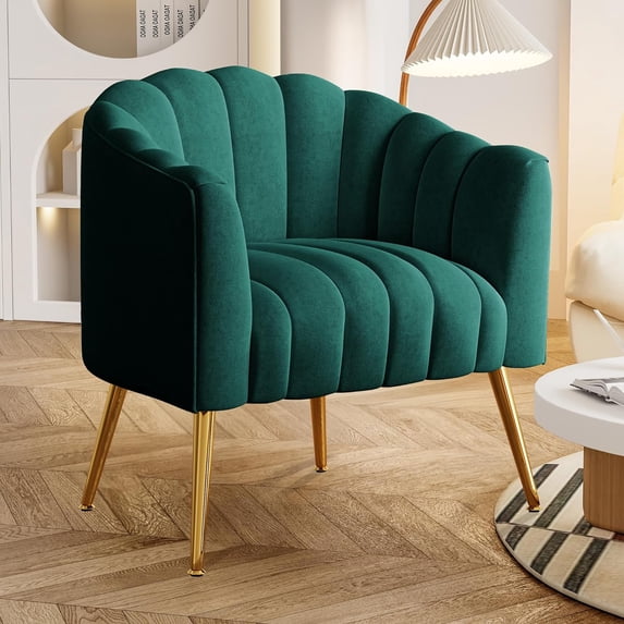 SEYNAR Oversized Glam Velvet Pumpkin Barrel Accent Chair,Modern Upholstered Cream Side Sofa Armchair for Living Room,Vanity(Green)